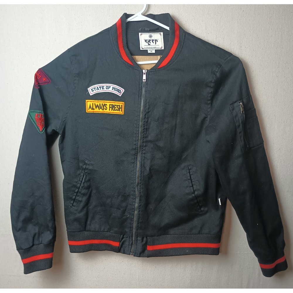 Kleep Bomber Varsity Jacket Patches Full Zip Up Outerwear Black XL Streetwear